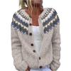 Кардиганы в стиле Fair Isle для женщин, с круглым вырезом, свободного кроя, на пуговицах, объемный свитер, с открытой передней частью, повседневная вязаная куртка на осень