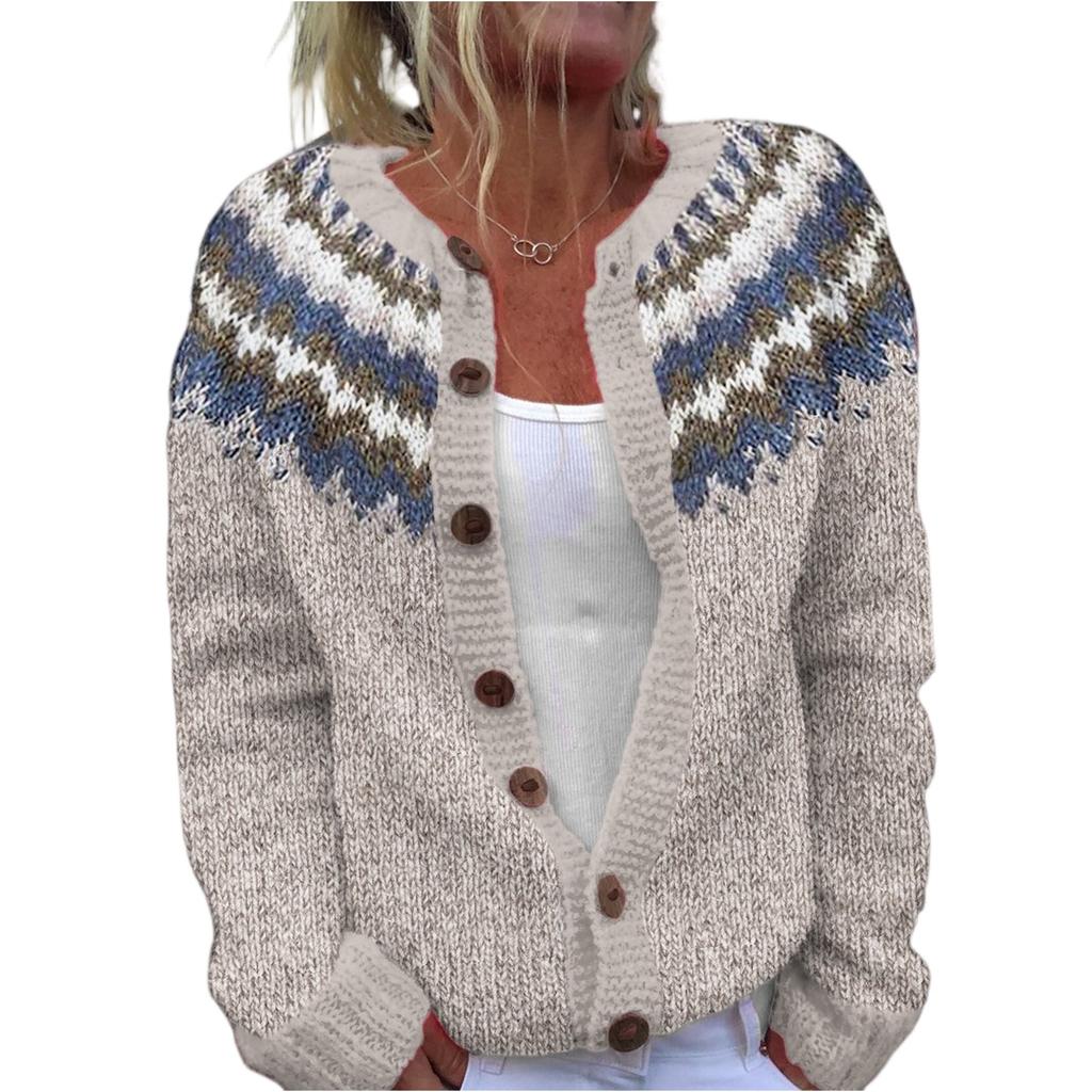Кардиганы в стиле Fair Isle для женщин, с круглым вырезом, свободного кроя, на пуговицах, объемный свитер, с открытой передней частью, повседневная вязаная куртка на осень