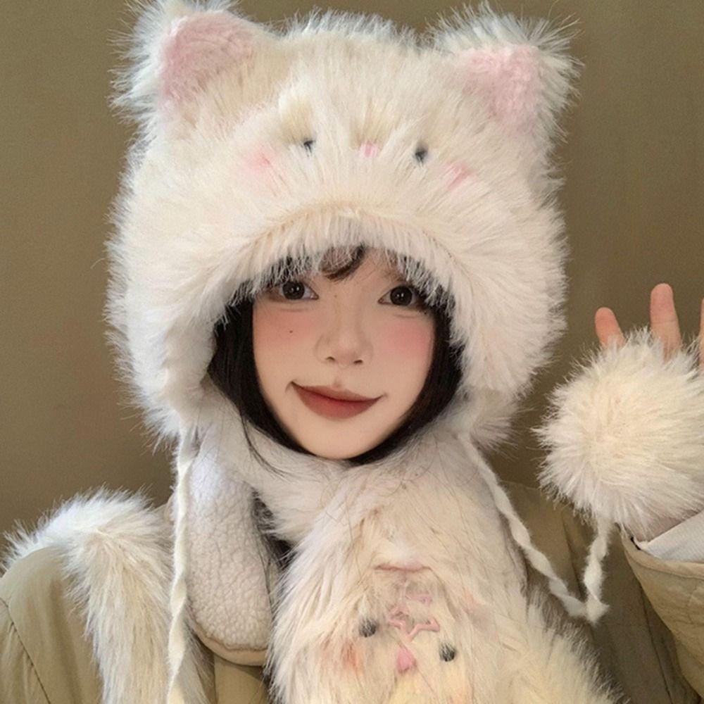 Soft Faux Rabbit Fur Scarf Cartoon Cat Neck Collar Cute Cartoon Hat Scarf  Winter