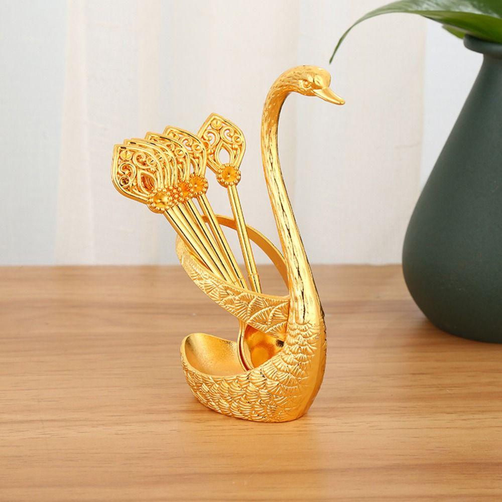 6Pcs Zinc Zinc Zinc Alloy Luxury Dessert Utensils with Swan Shaped Base Dessert Spoon Kitchen