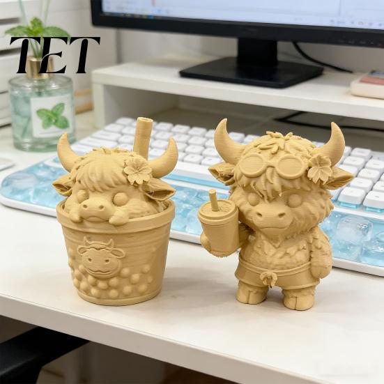 Cute Desktop Ornament 2Pcs Highland Cow Figurine, 3D Printed Bubble Tea Statues, Cartoon Animal Sculpture Summer Farmhouse Style Ornaments,