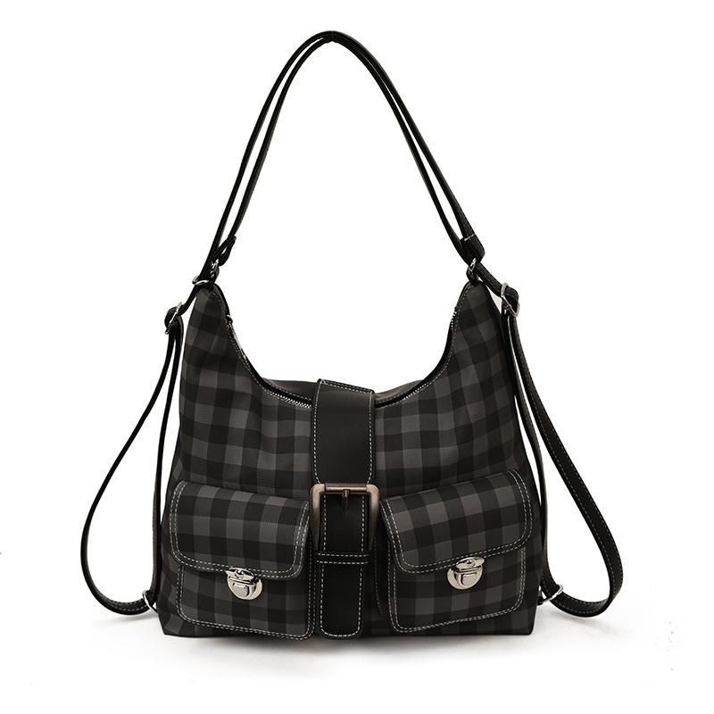 Vintage plaid tote bag large capacity locomotive style casual double shoulder shoulder bag fashion belt design underarm women's bag