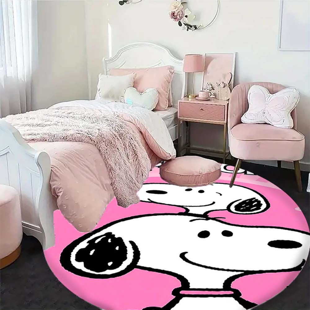 Cartoon Snoopy Round Flannel Rug Circular Non-Slip Area Rug Living Room Bedroom Floor Mat Home Textile Decoration