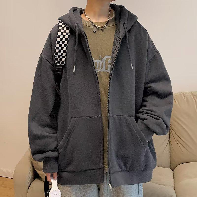 Мужской кардиган с капюшоном на молнии в корейском стиле — модная однотонная толстовка свободного кроя для осени и зимы
