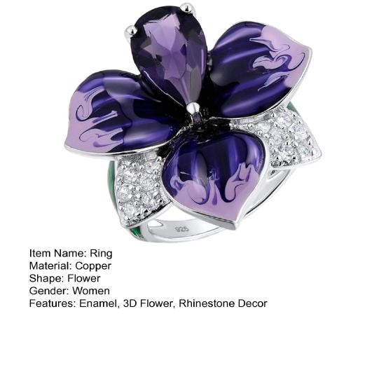 Women Ring 3D Flower Shape Rhinestone Decor Enamel Polished Copper Anniversary Gift Wedding Party Banquet Cocktail Jewelry