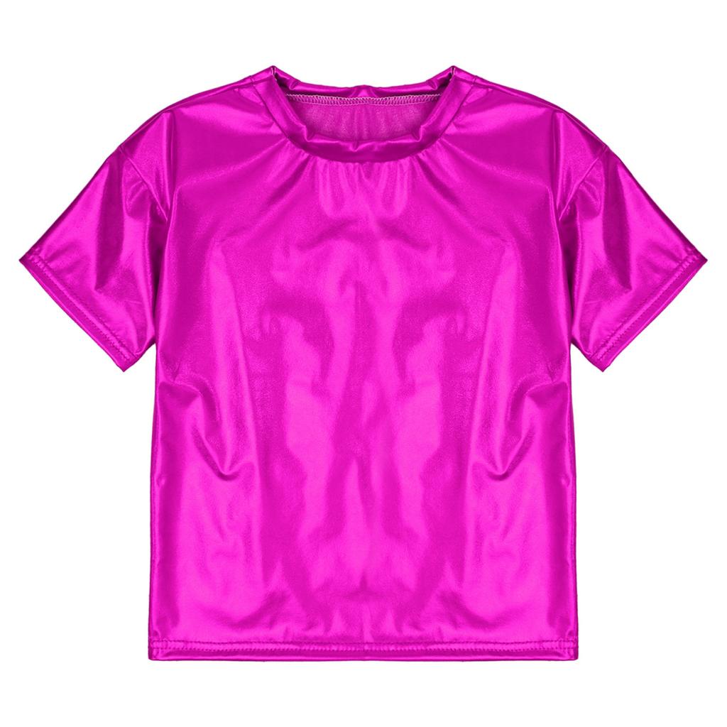 Детские блестящие футболки металлизированного цвета с короткими рукавами для мальчиков и девочек, топы для танцев, вечерние блестящие наряды