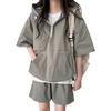 2 Pcs/Set Women Hoodie Shorts Set Half Zipper Hooded Three-quarter Sleeve Loose Big Pocket