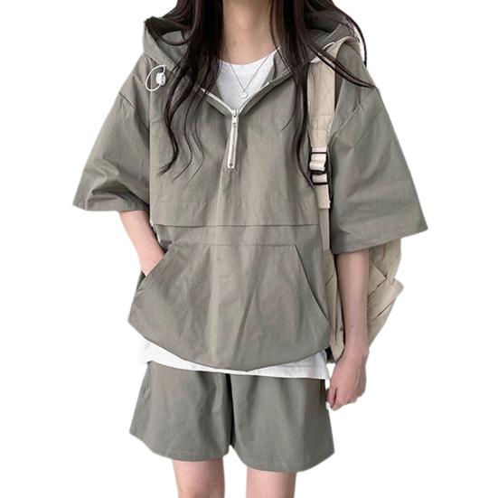 2 Pcs/Set Women Hoodie Shorts Set Half Zipper Hooded Three-quarter Sleeve Loose Big Pocket