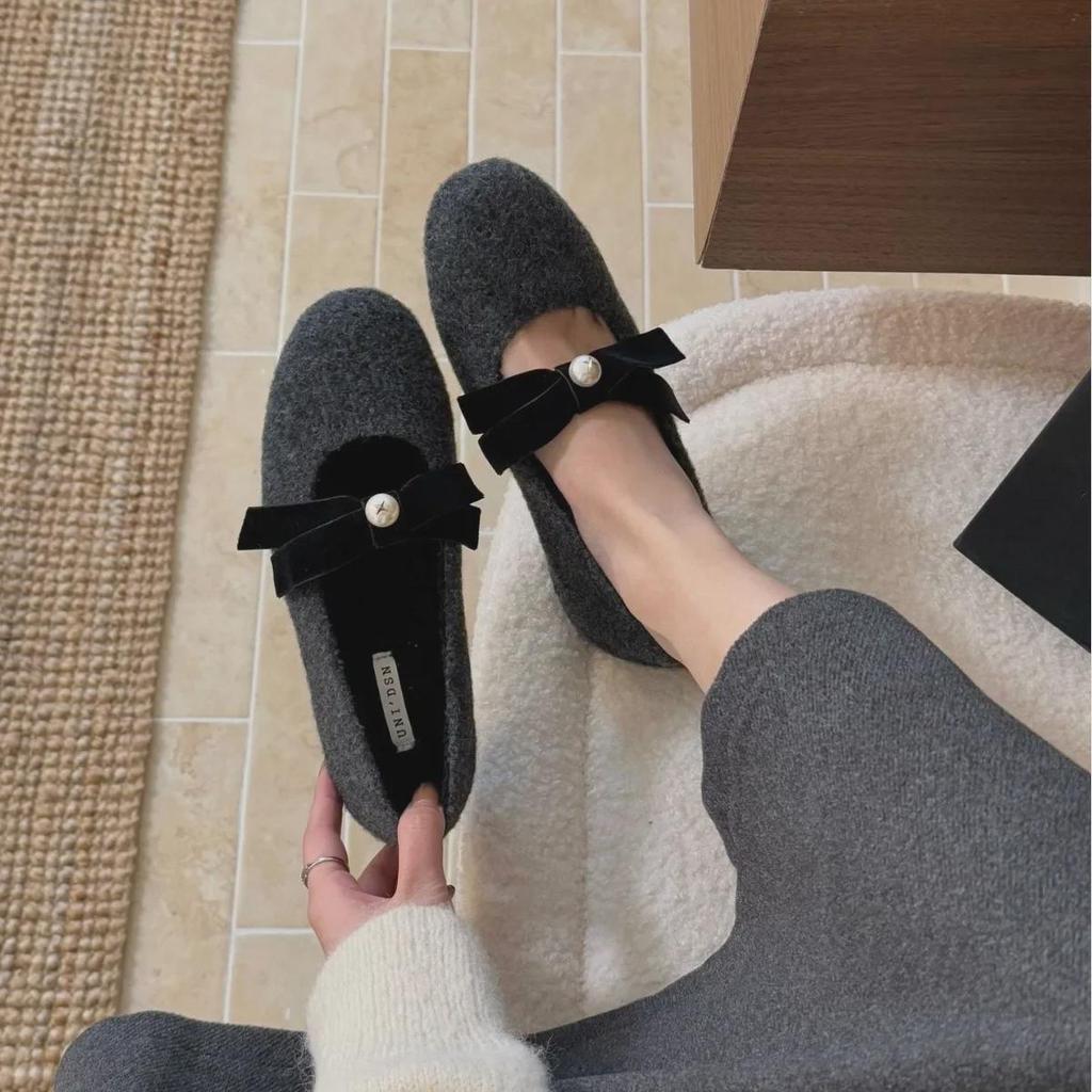 Женские бархатные туфли Мэри Джейн с круглым носком и бантом 2024 года выпуска