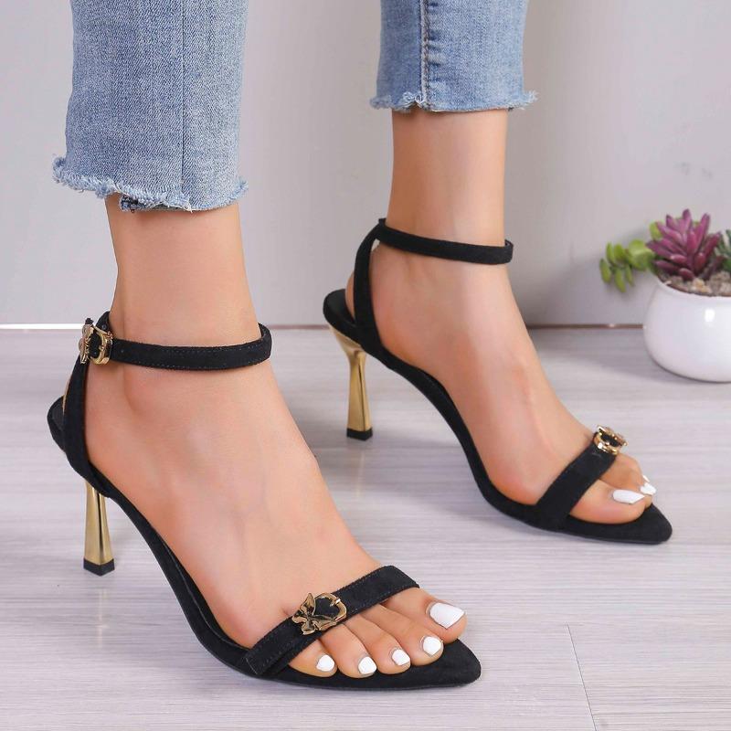 2024 Summer Hot Selling Fashionable Open Toe Solid Color Women's Sandals One-line Buckle Strap Stiletto Women's High Heels
