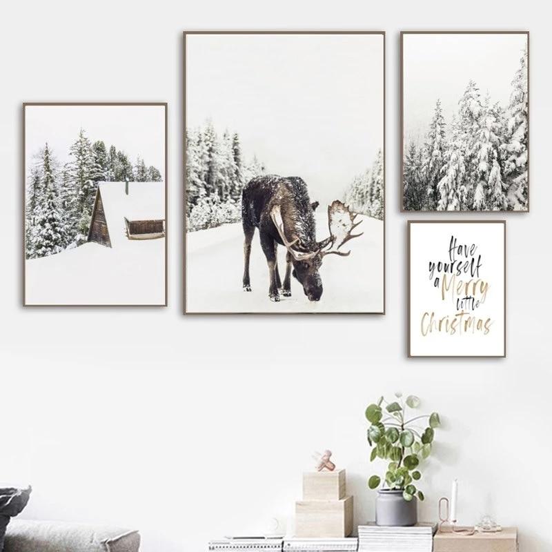 Рождественский Декор Зимний Снежный Лес Олень Лось Сова Солнечный свет Картина Декорации Домашний Декор Холст Плакат Художественная печать Настенная картина