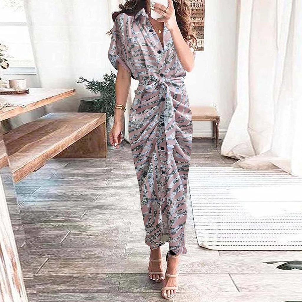 Women Casual Stand-up Collar Printed Shirt Button Belt Short-sleeved Long Skirt