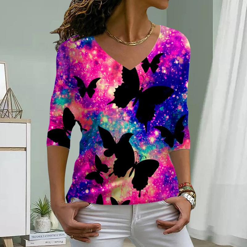 Черные бабочки принт женские футболки женские топы с длинным рукавом V-образный вырез пуловер женские футболки футболка для женщин