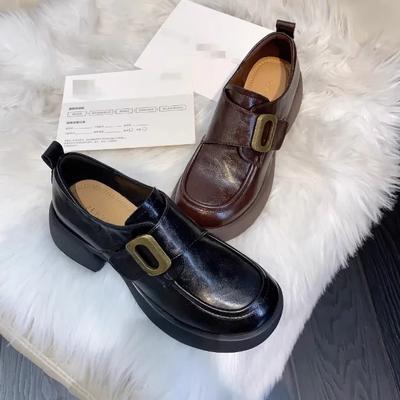 2025 новые весенне-осенние кожаные лоферы на платформе женские с глубоким вырезом, круглым носком, маленькие кожаные туфли, в британском стиле, на высоком каблуке, одинарные туфли