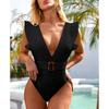 Sexy Ruffled White Deep V One Piece Swimsuit Women Swimwear Female With Belt Monokini Bather Bathing Suit Swim Lady