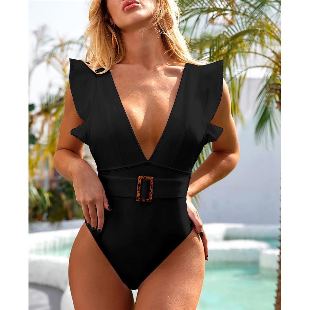 Sexy Ruffled White Deep V One Piece Swimsuit Women Swimwear Female With Belt Monokini Bather Bathing Suit Swim Lady