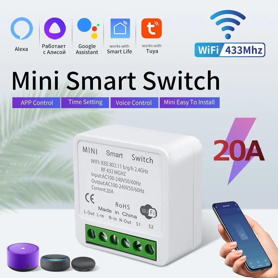 20A Tuya WiFi Mini DIY Smart Switch Module 2-way Control 433MHz Work with Tuya Smart Life App Alexa Google Home Voice Control