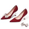 Fashion Chic Beads Bow-knot Wedding Shoes Woman Pumps Pointed Toe Flock Talons Hauts Crystal Metal Stiletto High Heels Shoes Women 2025