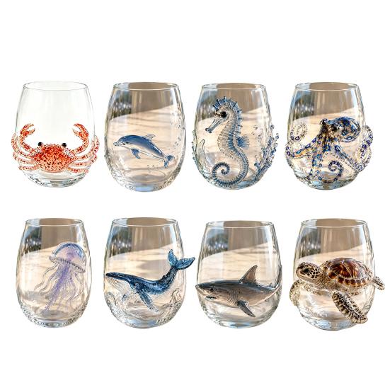 Octopus Embossed Glass Cup 12oz Water Cup, Design, Hand Painted Marine Style Creative Conversation Starter Drinking for Ocean Lovers Home Bar