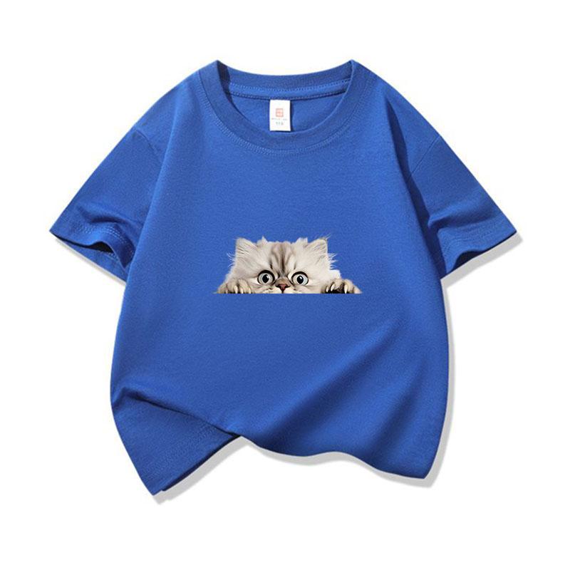 Kids Cotton T Shirt Peeking Persian Cat Pattern Print Crew Neck Short Sleeve Tee Casual Breathable Boys Girls Summer Tops