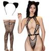 Leopard Print Cosplay Sexy Open Chest High Leg Leotard Extreme String Lingerie Leopard Cat Ears Socks Set Bodysuit Costume [MORApink] T-Back