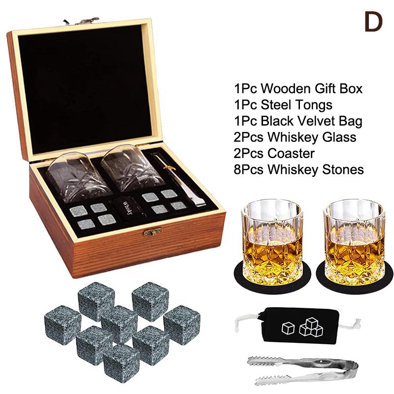 Подарок на День отца для мужчин Набор камней для виски 8 шт. Гранитные кубики льда + 2 шт. Стаканы для виски в деревянной коробке-бутылке Подарок для папы