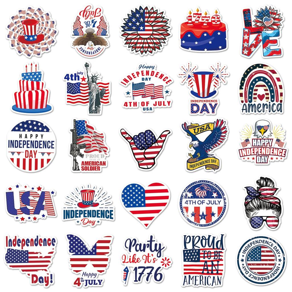 50 Pcs America Independence Day Waterproof Stickers Creative Graffiti Notebook Refrigerator Bicycle Decoration Sitcker Toys
