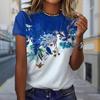 Модная женская футболка с синим цветочным принтом, забавная повседневная футболка с круглым вырезом и короткими рукавами, летняя женская футболка