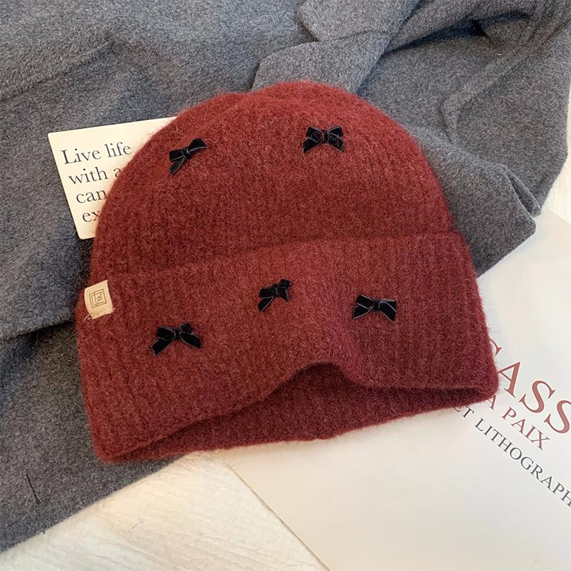 Милая и милая вязаная шерстяная шапка с бантом, детская осенне-зимняя универсальная маленькая утолщенная теплая холодная шапка