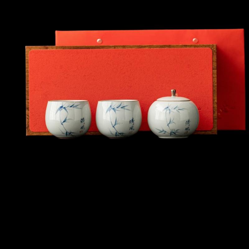 Shangqi Hand-painted Bamboo Ceramic Tea Caddy Gift Set
