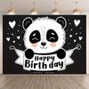 2D Black White Panda Birthday Photography Backdrop with Hearts for Photo Booth