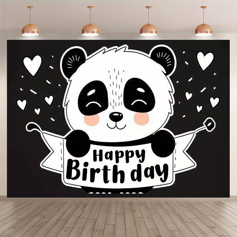 2D Black White Panda Birthday Photography Backdrop with Hearts for Photo Booth