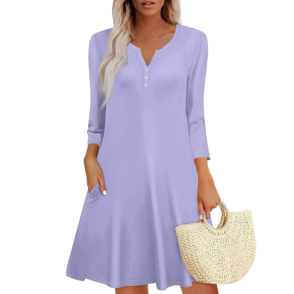 Women's Summer Dress Loose V Neck Three-quarter Sleeve Sundress With Pockets Dress