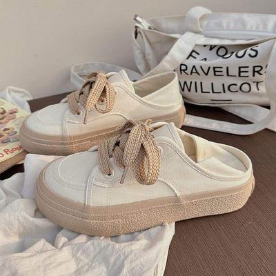 Холщовые туфли для женщин 2025 осень и зима на толстой подошве дышащие инс полушлепки универсальные маленькие белые туфли, осень два способа ношения повседневные кеды фо