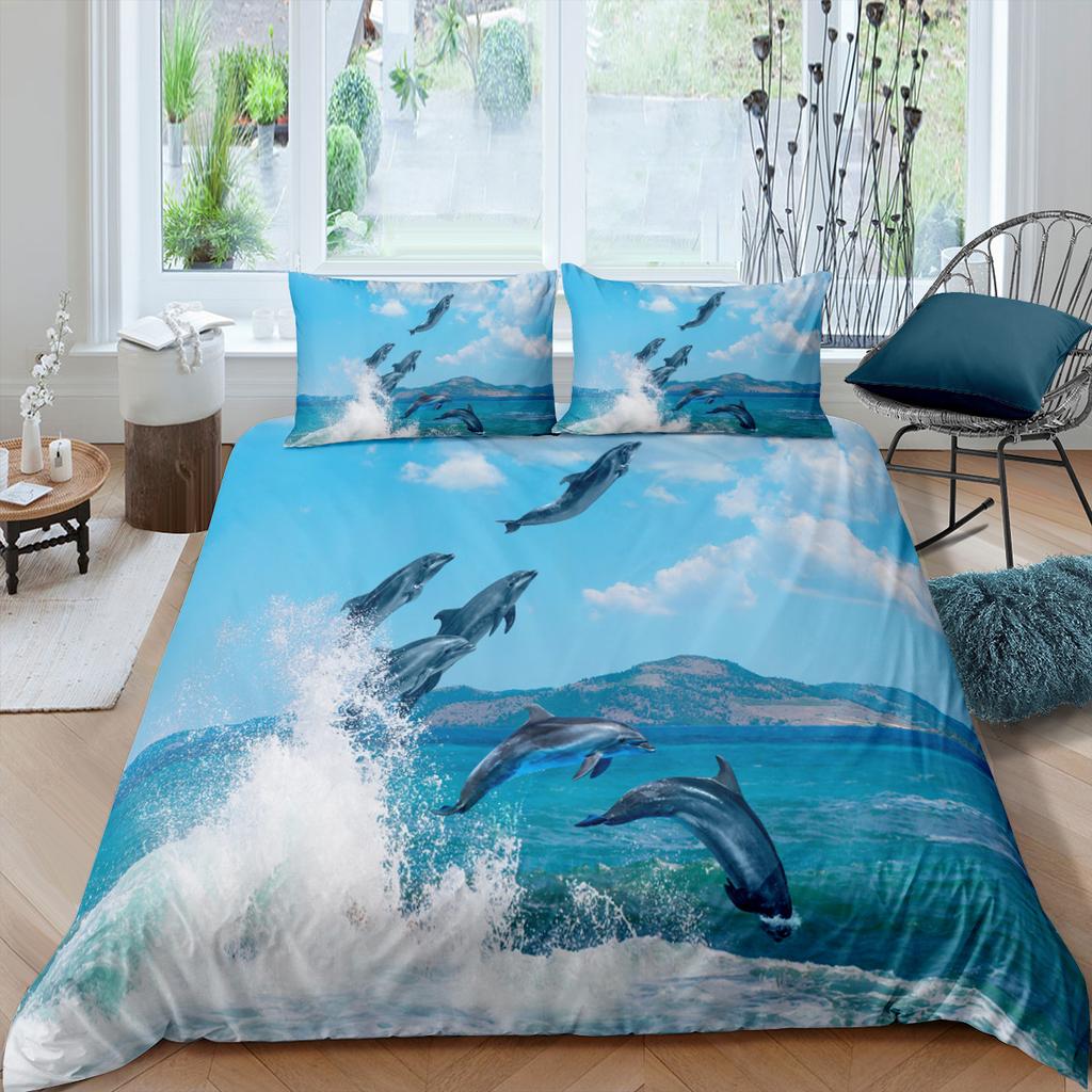 Dolphin Duvet Cover Set 3D Fish In Blue Sea Cute Animals Queen King Twin Full Size Bedding Set For Kids Boy Girl Comforter Cover