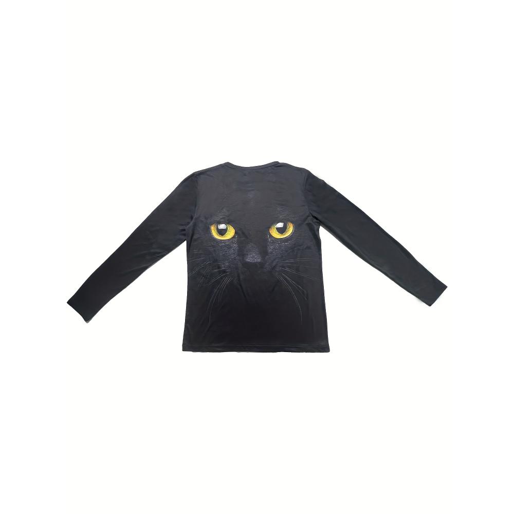 Женская повседневная футболка с длинным рукавом и уникальным принтом в виде мордочки кошки - мягкий полиэстер, круглая горловина, можно стирать в стиральной машине - идеально подходит для весны/лета/осени
