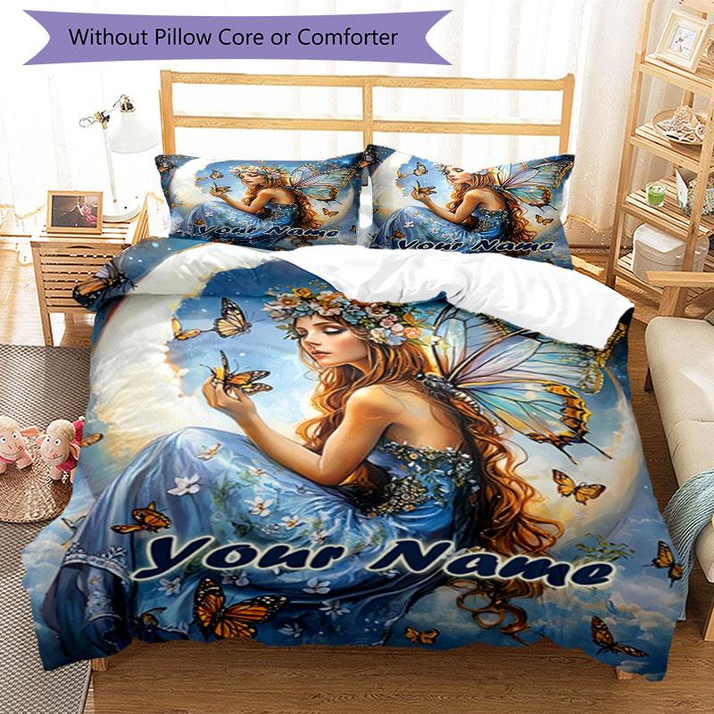 3PC Custom Name Butterfly Dreams Fantasy Bedding Set Duvet Cover Closure Includes 1 Duvet Cover & 2 Pillowcases for Bedroom
