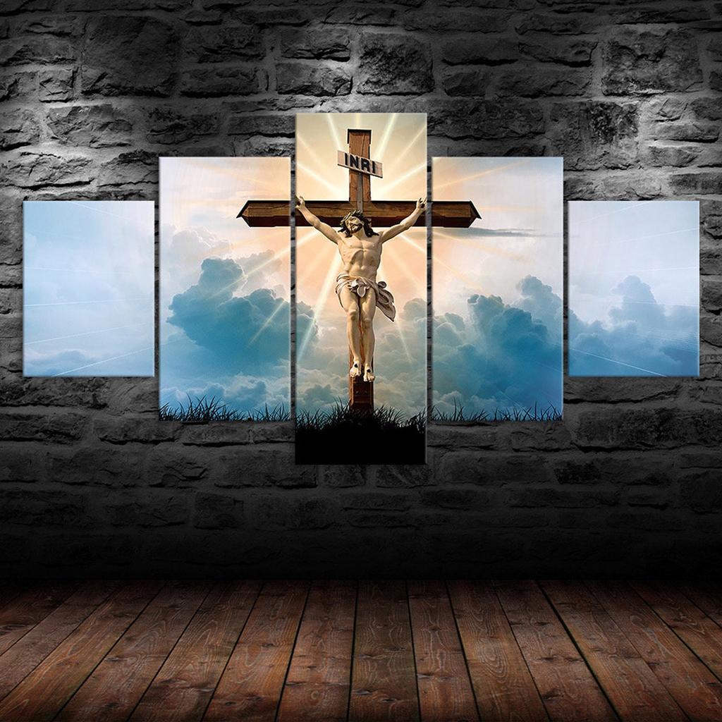 Jesus Christ Light And The Crucifixion 5 Piece Five Panel Wall Canvas Print Modern Art Poster Picture Home Decor Gift For Him For Her