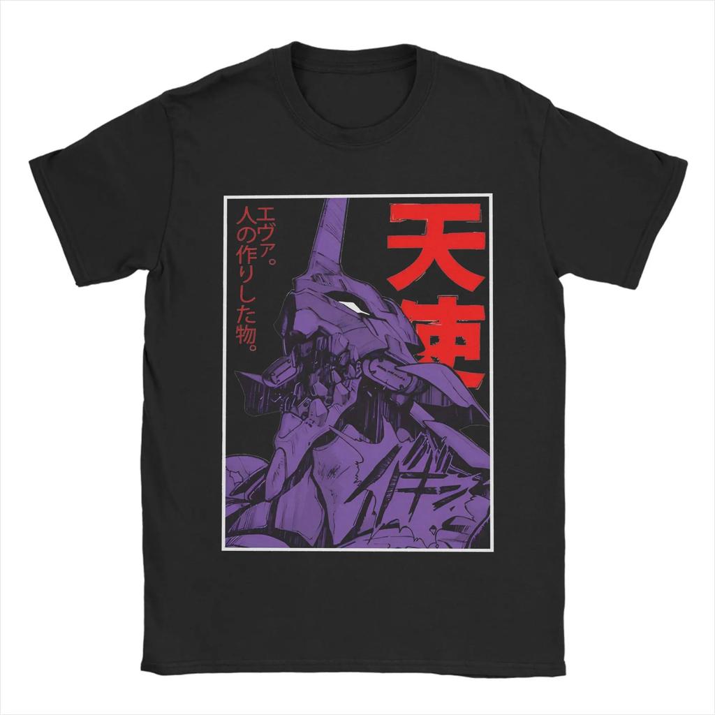Неон Genesis Evangelion Единица-01 Эпизод 1 «Атака Ангела» Манга Стиль Фиолетовая Печать Оверсайз Черная Футболка | Классический Меха Аниме Фан Мерч Футболка