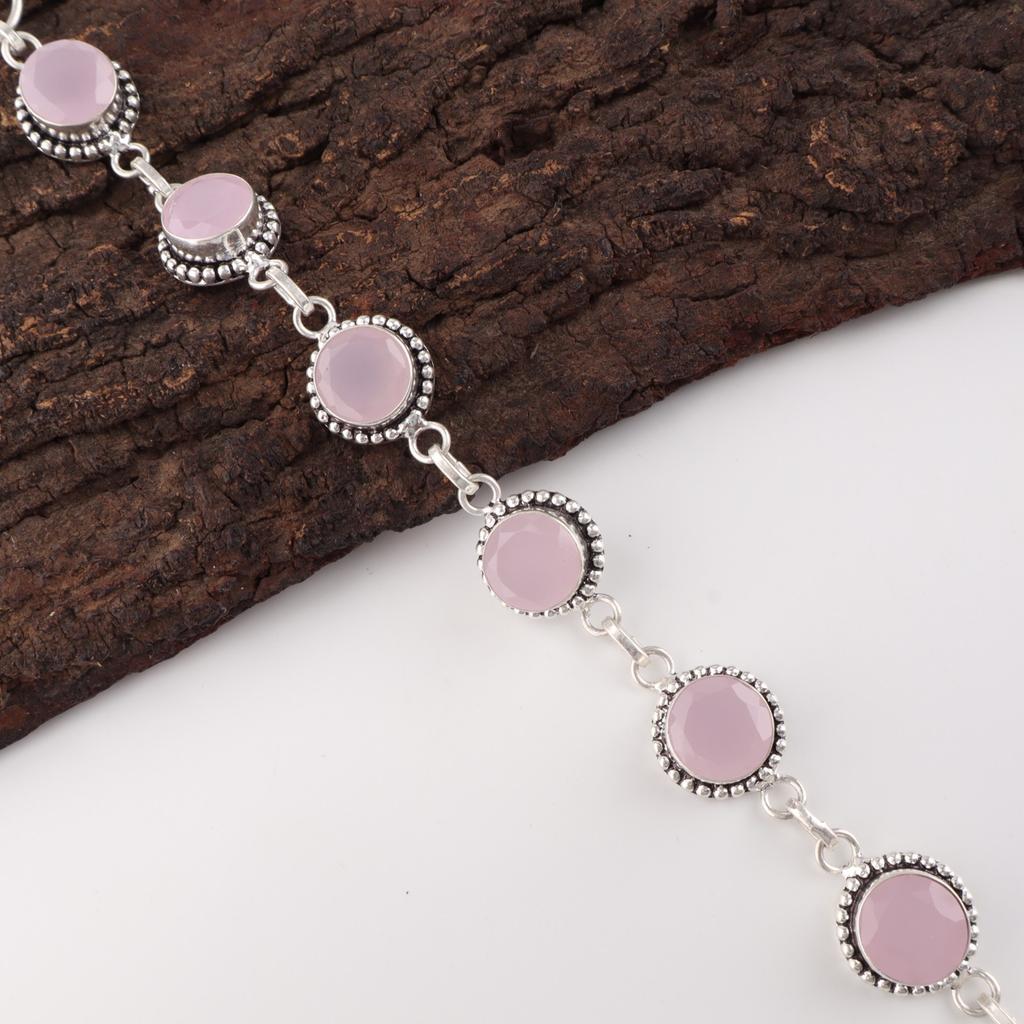 Розовый халцедон драгоценный камень 925 стерлинговое серебро ювелирные изделия ручной работы браслет 7-9" RB-17-14