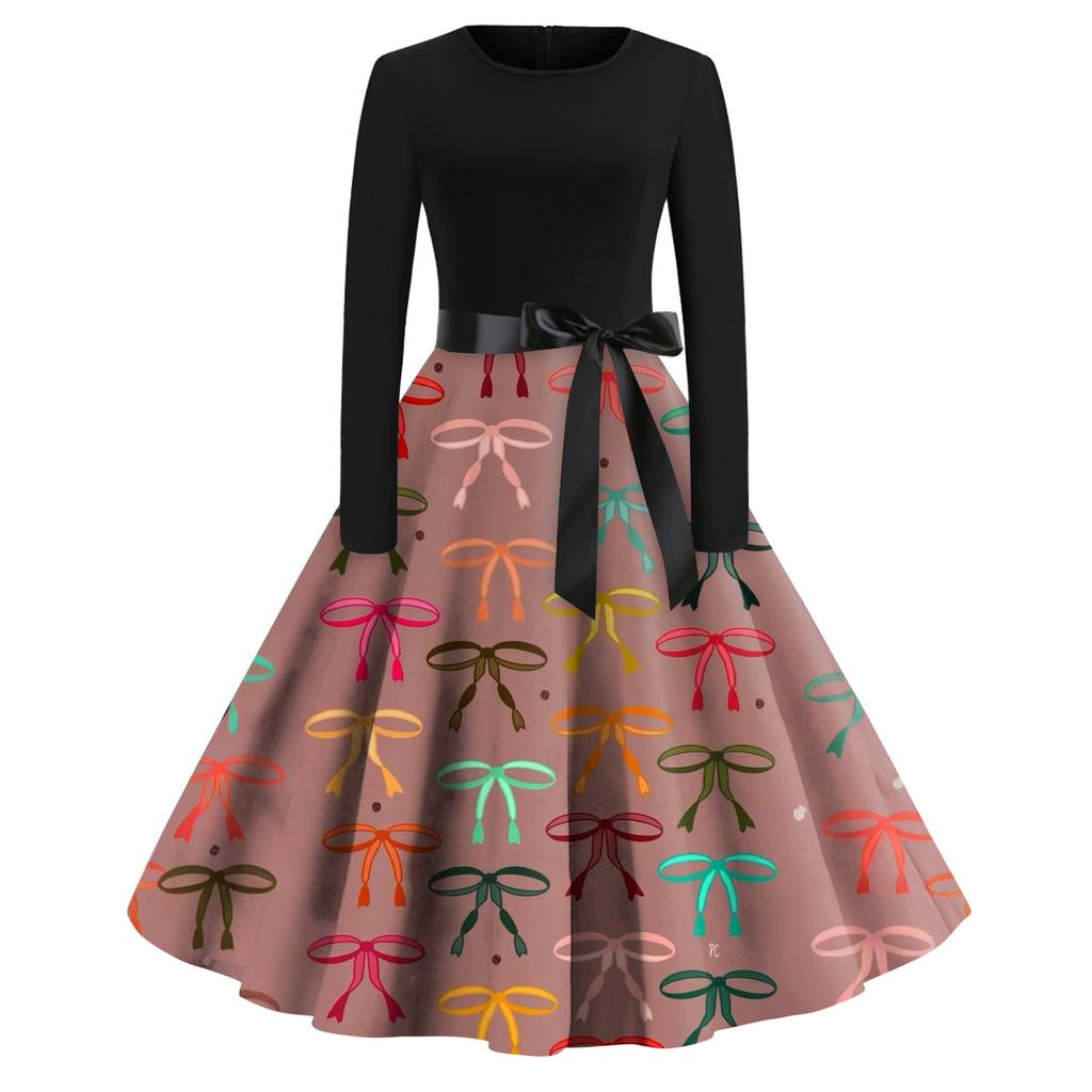 Женское платье с круглым вырезом и большим подолом, плиссированная юбка с длинными рукавами, платье