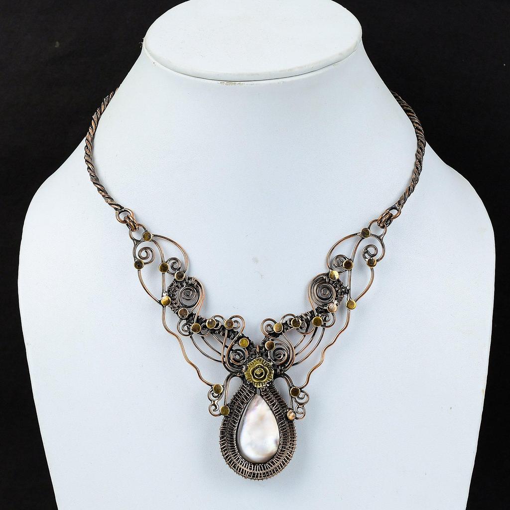 Перламутровое ожерелье, медная проволока, обернутая драгоценным камнем, регулируемое ожерелье, уникальное ожерелье ручной работы, медная проволока, ювелирное изделие, подарок для мамы