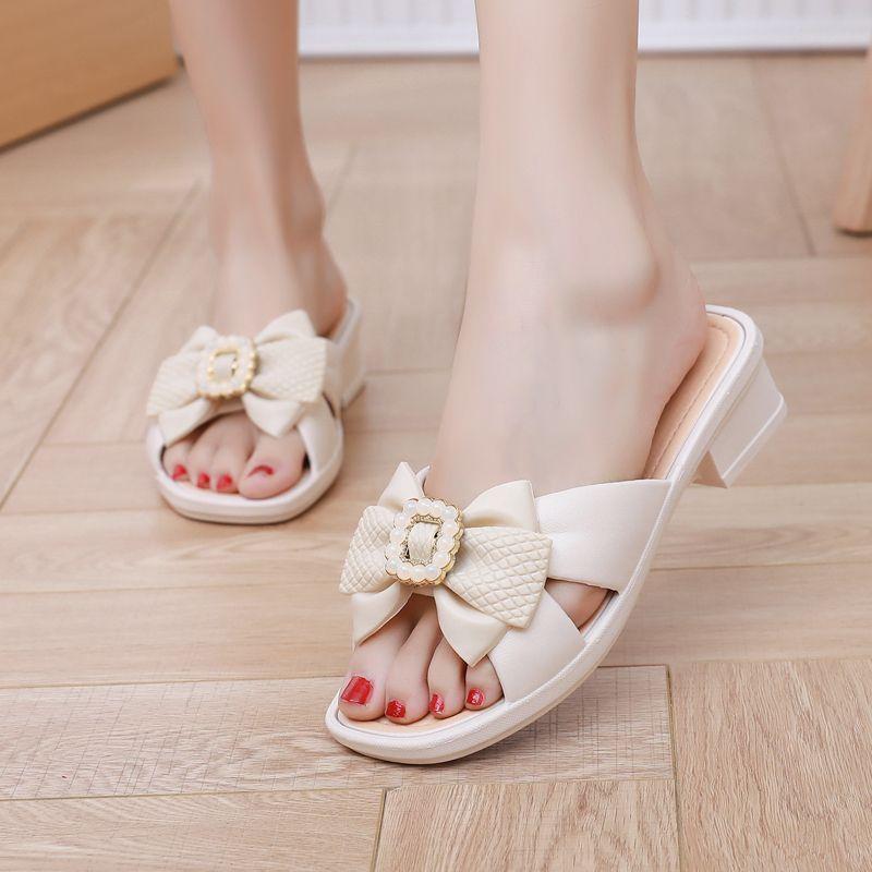Sandals Slippers for Women Summer Fashion Thick Sole Non-Slip Bow Ladies Slippers Mid Heel Slides Outdoor