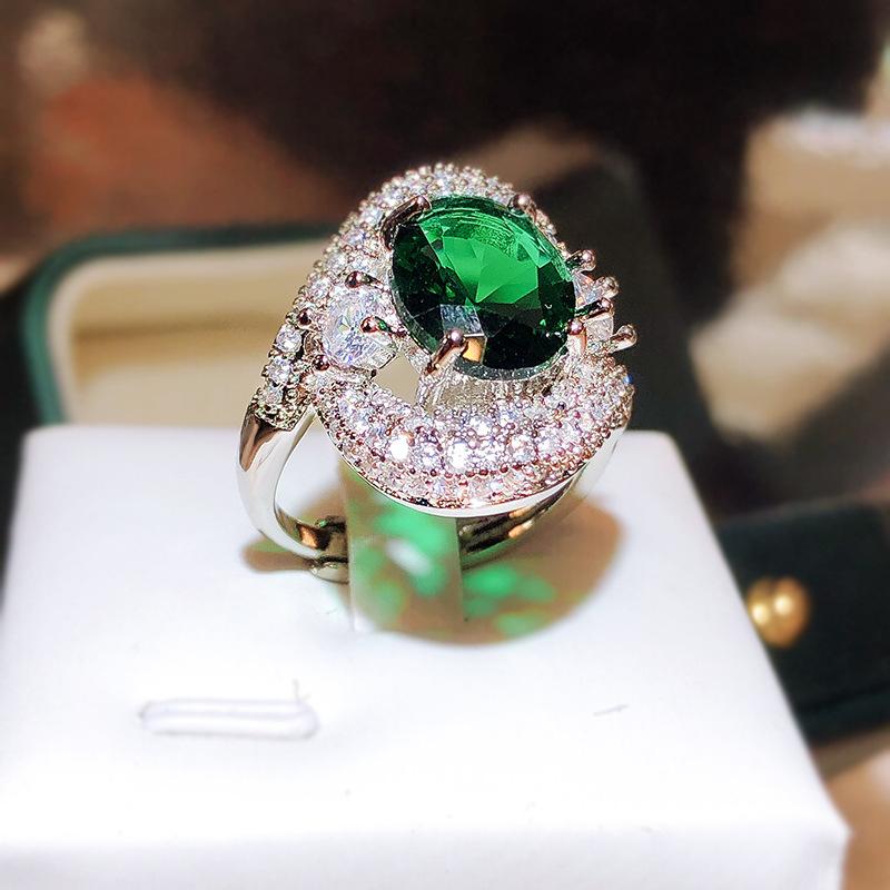 Group Inlaid Zircon Temperament Emerald Emerald Simulated Green Tourmaline Color Treasure Open Ring for Women  Live Finger Ring