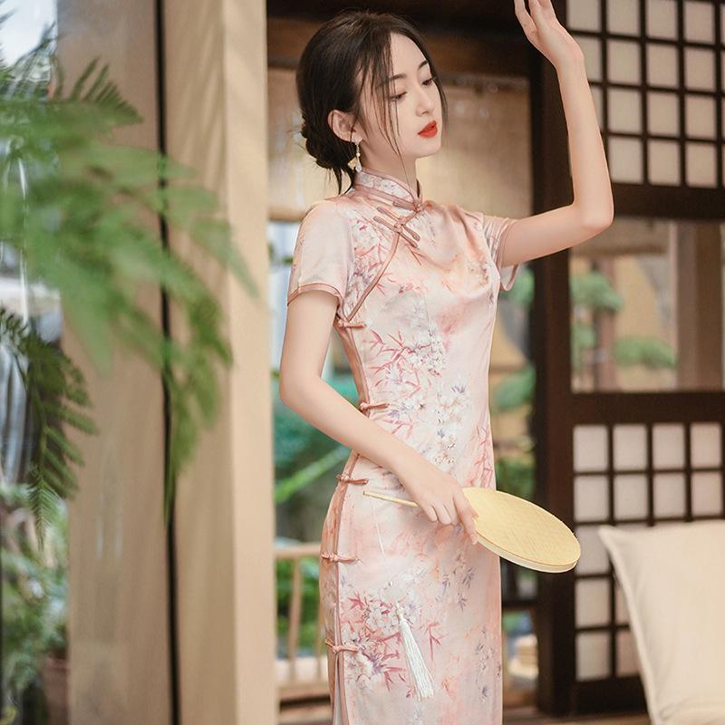 1011 national style summer and autumn new cheongsam dress satin dress retro slim banquet double-layer performance batch