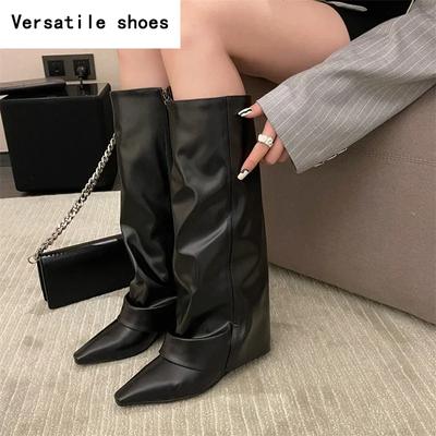 Дизайнерские женские брюки, высокие сапоги, модные боковые молнии, длинные сапоги, толстые высокие каблуки, осенне-зимняя женская обувь