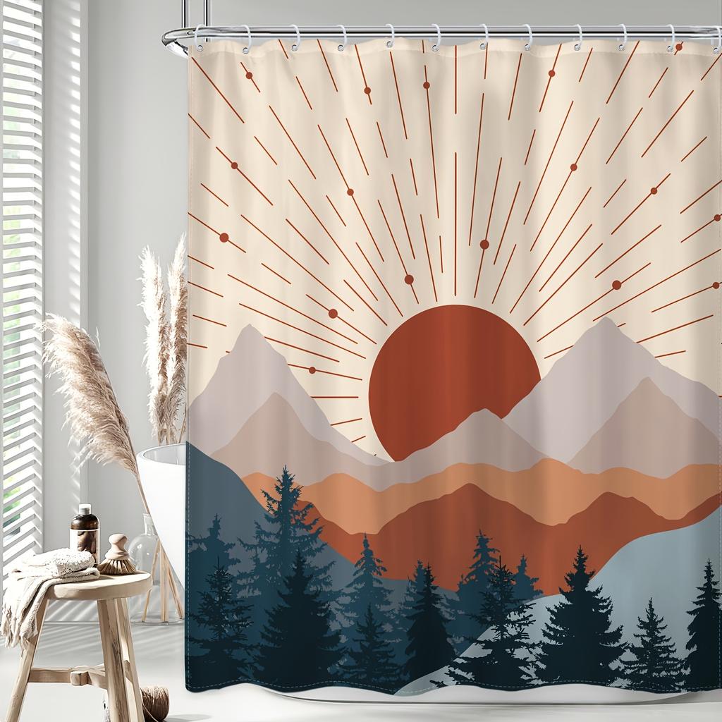 1 шт. Штора для душа в стиле Mid Century Boho с изображением гор - Абстрактный закат, Современный минимализм, Водонепроницаемый полиэстер, 12 крючков