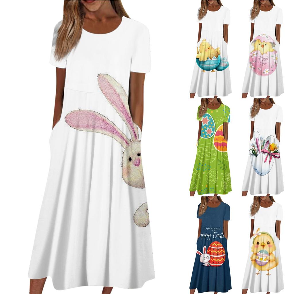 Women's Summer Casual Fashion Easter Printed Short Sleeve Round Neck Pocket Dress
