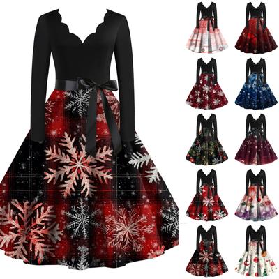 Женское рождественское платье с V-образным вырезом и широким подолом, длинное платье с рукавами