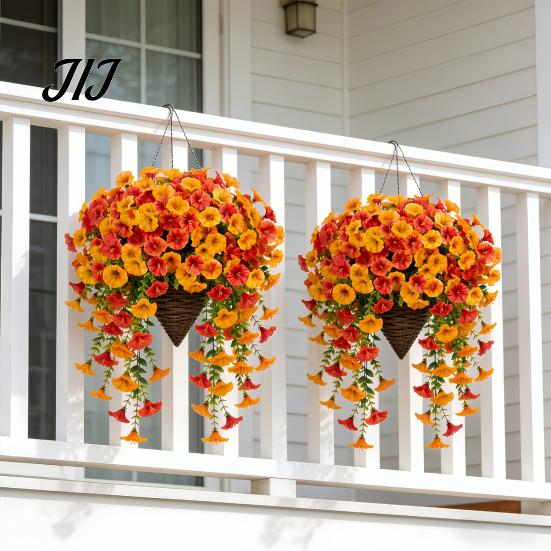 Realistic Silk Petunias Artificial Morning Glory Flower, Faux Fall Hanging Flowers Plants, UV Autumn Decor for Front Door Resistant Wall Home
